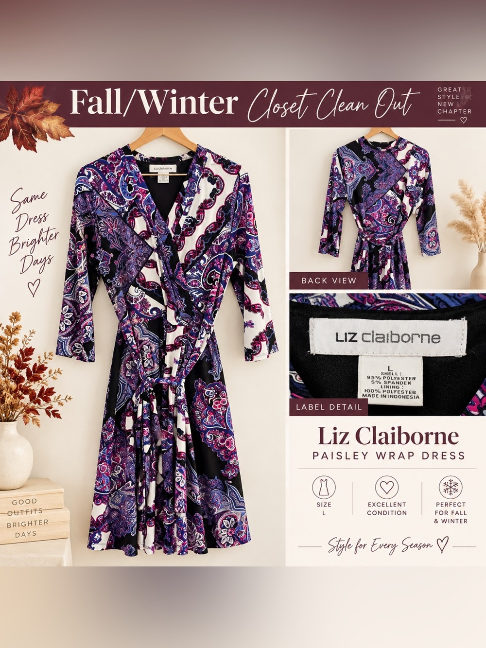 Liz Claiborne Purple and White Paisley Wrap Dress